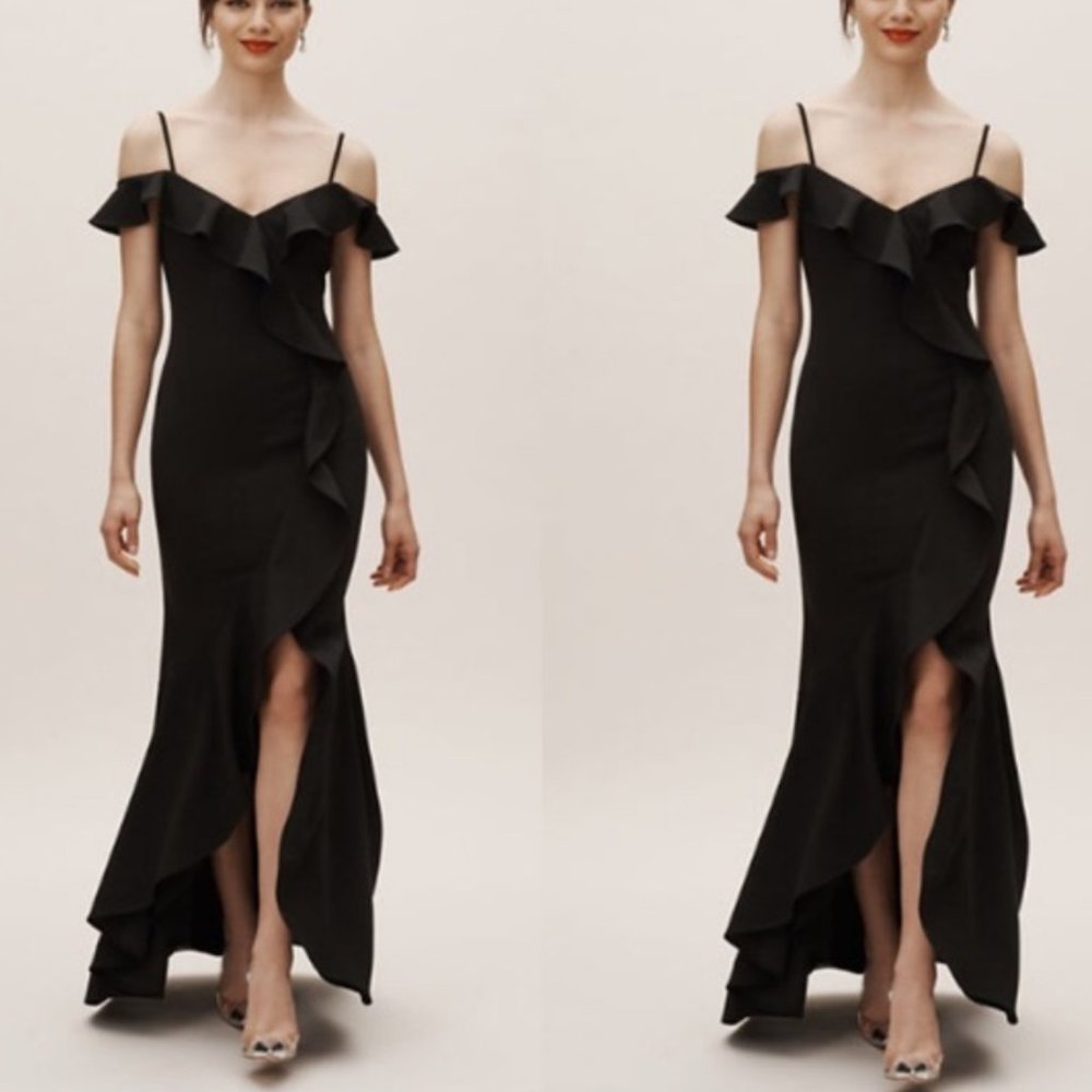 BHLDN Black Ruffled Off-Shoulder Wedding Dress